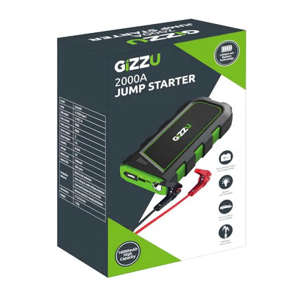 Gizzu 2000A Jump Starter - 16400mAh Black – Powerful Car Battery Booster with LED Light and Power Bank